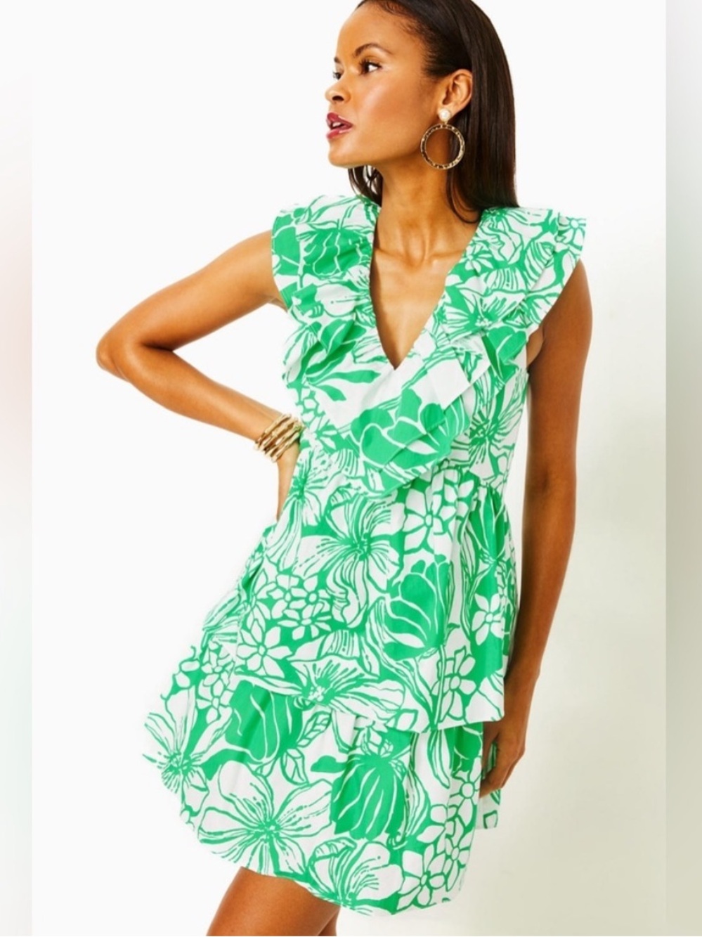 Lilly Pulitzer RitaMarie Dress Spearmint Green White Size 2 Cotton Ruffle V-Neck